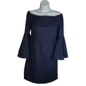 Trina Turk Womens Dress Size 6 Blue 3/4 Bell Sleeves Off Shoulder Back Zip New!